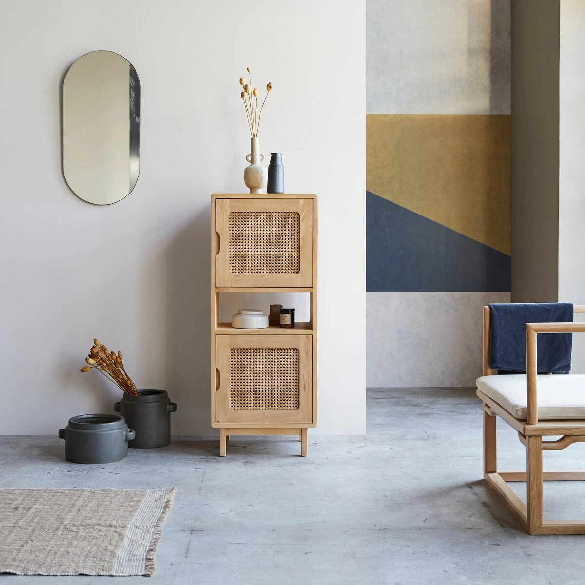 Luis - Bibliothèque Basse En Orme Massif Et Cannage 3 Luis - Bibliothèque Basse En Orme Massif Et Cannage