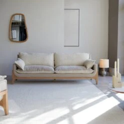Woodnest - Canapé En Chêne Massif Et Tissu Linen 3 Places