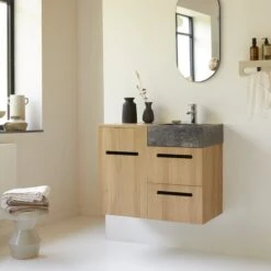 Line - Meuble Salle De Bain En Chêne Massif Et Marbre 85 Cm -Magasin De Meubles 1200 1200 meuble salle de bain en chene massif et marbre line 85 cm 3