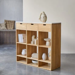 Miho - Bibliothèque Basse En Chêne Massif Et Terrazzo Premium White -Magasin De Meubles 1200 1200 miho bibliotheque basse en chene et terrazzo premium white 3