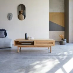 Luis - Table Basse En Orme Massif Et Cannage